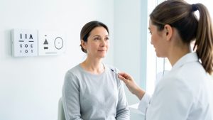Patiente adulte observant une échelle visuelle composée de formes abstraites dans un cabinet d’ophtalmologie lumineux, en présence d’une ophtalmologue.