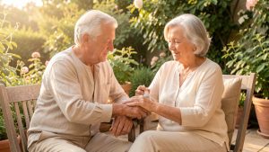 Couple de seniors sur une terrasse en été, portant des vêtements longs et utilisant un répulsif anti-moustiques dans une ambiance calme de prévention santé.