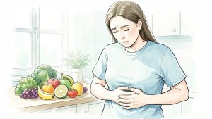 Illustration médicale sobre : une femme tenant son ventre avec une expression de gêne, ambiance santé publique, fruits et légumes frais en arrière-plan.