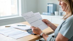 Une femme adulte compare des documents vierges liés à la santé avec une calculatrice sur un bureau lumineux.