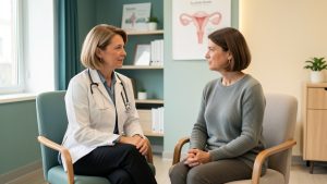 Une gynécologue consulte une patiente adulte dans un cabinet médical lumineux, avec un schéma discret de l’utérus en arrière-plan.