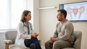 Consultation médicale d’oncologie entre une médecin et un patient adulte dans un cabinet lumineux, avec un schéma anatomique discret et non légendé du bassin sur un écran.