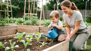 Un garçon de cinq ans arrose des jeunes plants avec un petit arrosoir bleu dans un potager familial propre, sous la supervision bienveillante d’une adulte.