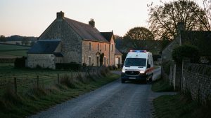 Maison rurale du Gers au crépuscule, avec une ambulance arrivant sur une route de campagne et aucun patient visible.