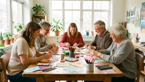 Groupe diversifié d’adultes et de seniors réalisant ensemble des créations en papier autour d’une table dans un atelier lumineux et chaleureux.