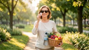 Femme adulte marchant sereinement dans un parc verdoyant avec des fruits, une bouteille d’eau et une protection solaire.