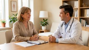 Une femme échange calmement avec un médecin dans un cabinet lumineux et rassurant, avec des documents de santé posés sur une table.